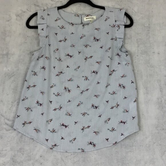 Tops - Monteau Los Angeles Top Sz Small Bird Pattern Pleated Cap Sleeve Keyhole Back